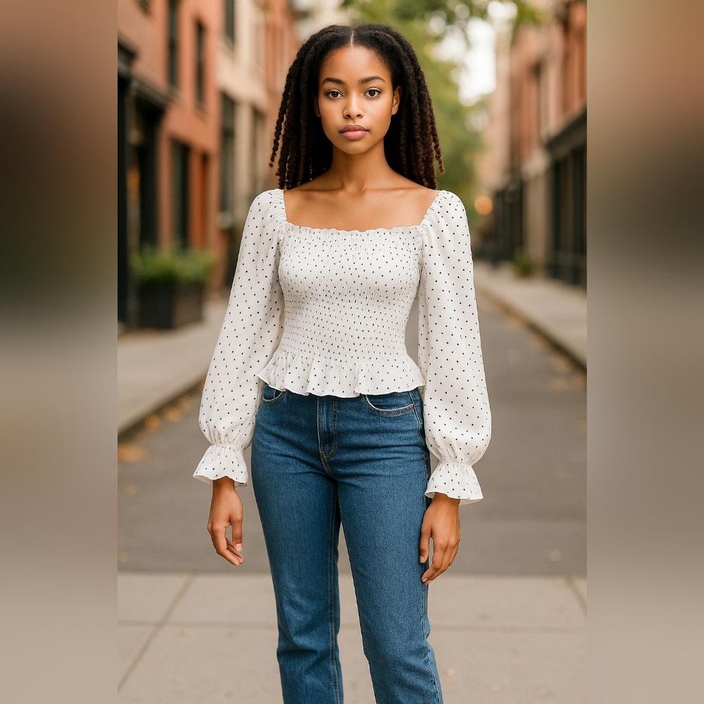 Flamant Rose White Smocked Blouse with Black Dots Size Large